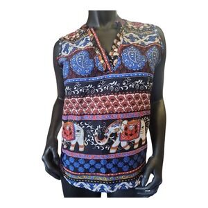 Manhattan Blues Tunic Top‎ S Boho Ethnic Elephant Print Sleeveless Curved Hem